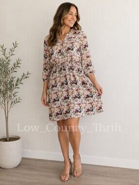 DE Collection Floral Dress Women's Medium Boho 3/4 Sleeve Drawstring Waist
